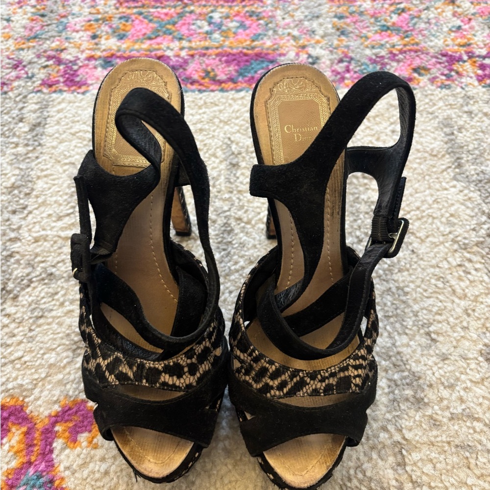 Y2K Christian Dior Lace Platform Peep-Toe Slingback Heels - Picture 2 of 6
